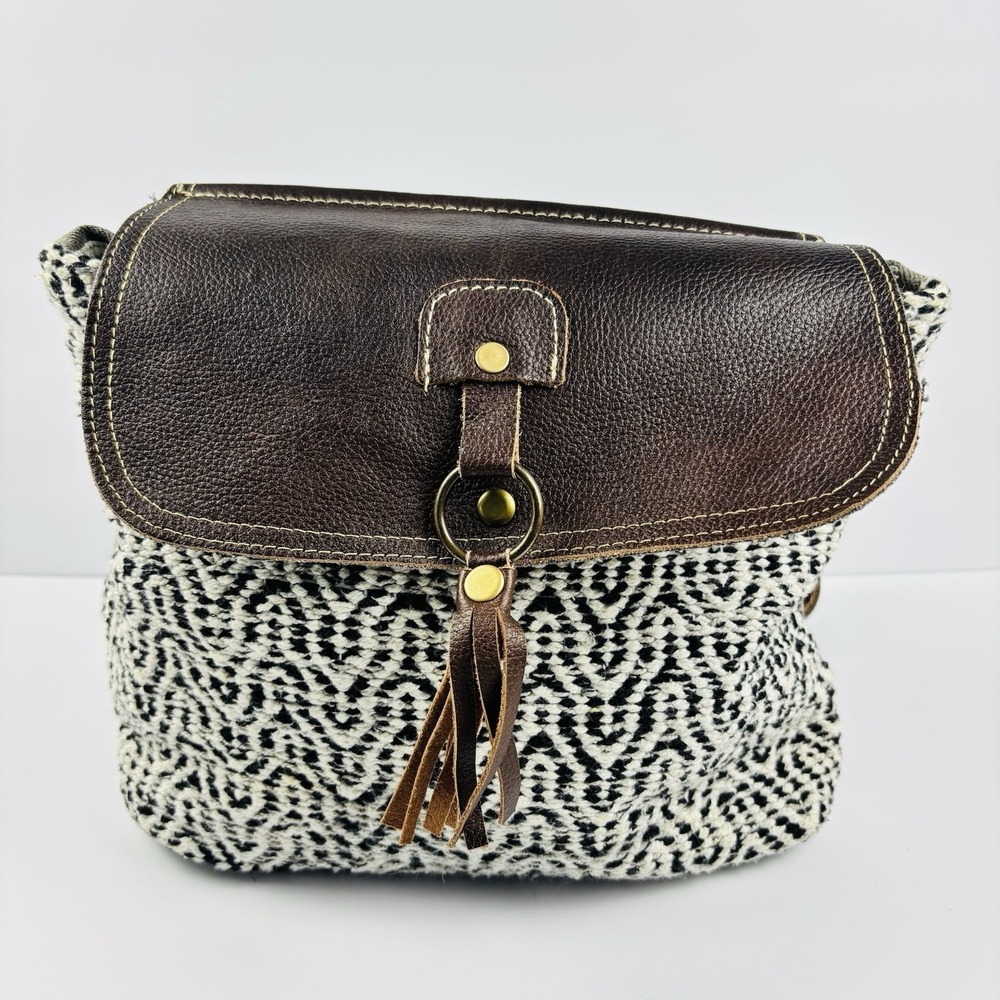 Myra Bag‎ Leffis Upcycled Canvas & Leather Backpack S-1567 Boho-chic Black White